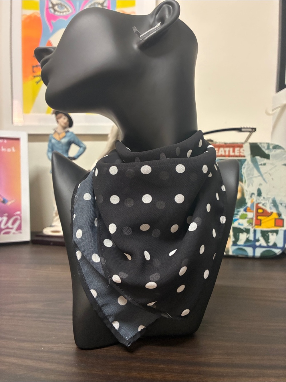 Black Polka Dot Chiffon Neck Scarf Retro Preppy Old Money